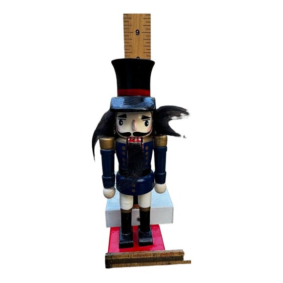 Vintage Wooden Nutcracker Soldier w/Black Top Hat, Crazy Hair & Bold Red Base 8" - Picture 9 of 9